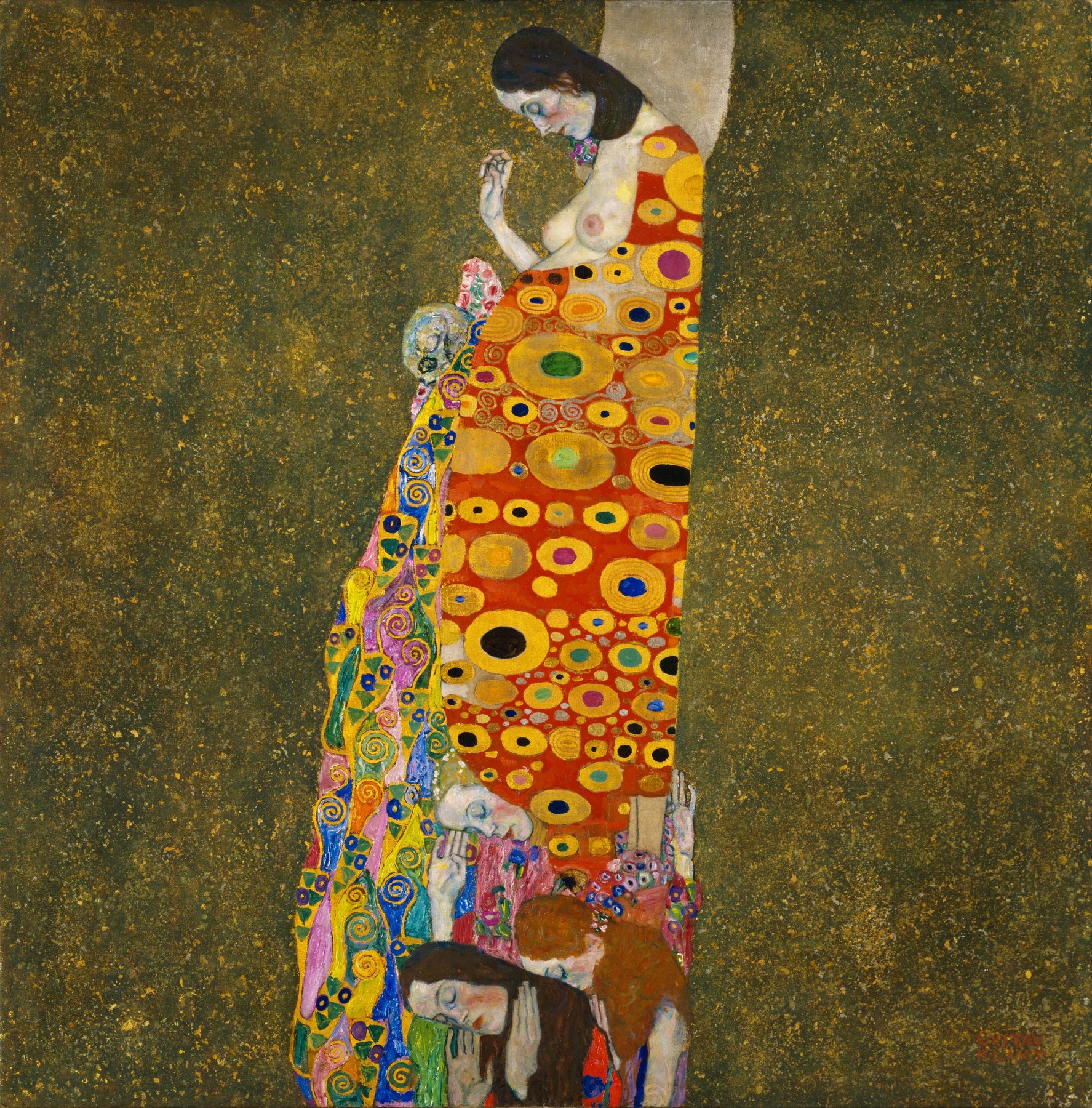 Hope II by Gustav Klimt, 1907–08. A pregnant woman bowed over her belly, with three figures gathered below her.